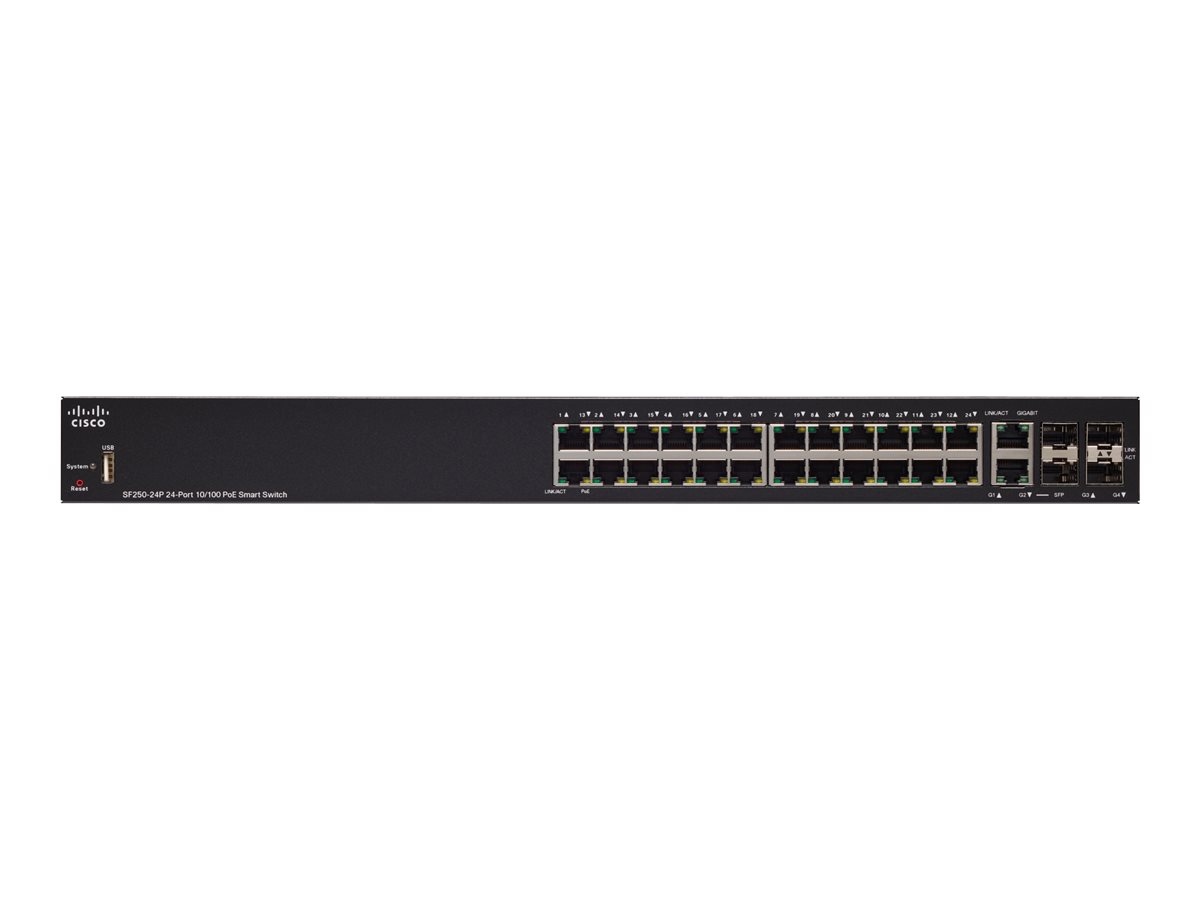 Cisco 250 Series SF250-24P - Switch - Smart - 24 x 10/100 (PoE+) + 2 x Kombi-Gigabit-SFP - an Rack montierbar - PoE+ (185 W)