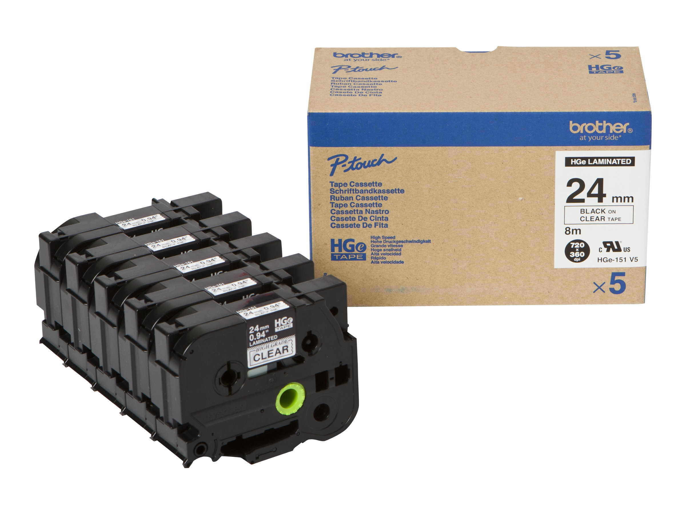 Brother HGE-151V5 - Schwarz auf durchsichtig - Rolle (2,4 cm x 8 m) 5 Kassette(n) laminiertes Band - fr P-Touch PT-9500pc, PT-9