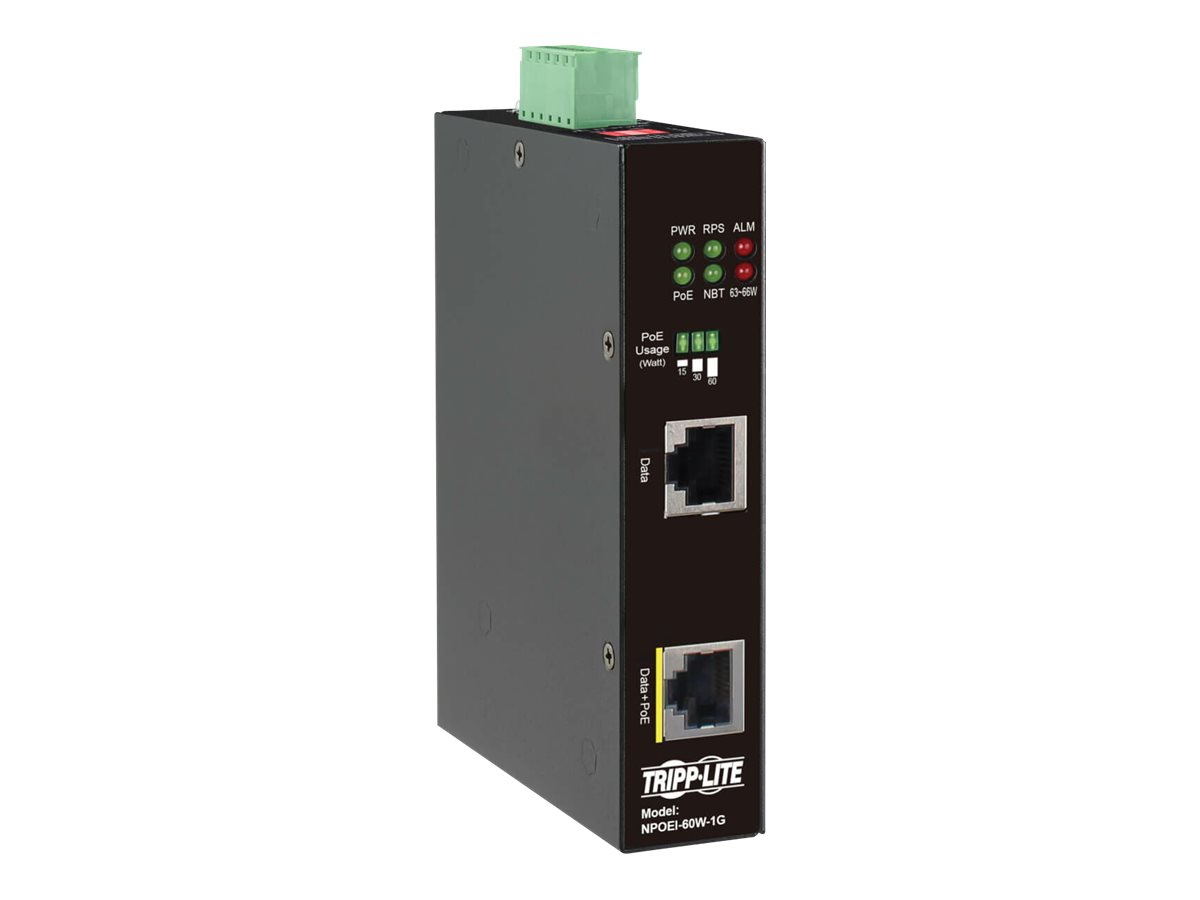 Tripp Lite Industrial Gigabit Ethernet PoE injector, 60W PoE++, 802.3bt, Midspan, -40C to +75C, IP30 housing, Dual 24~57VDC , DI