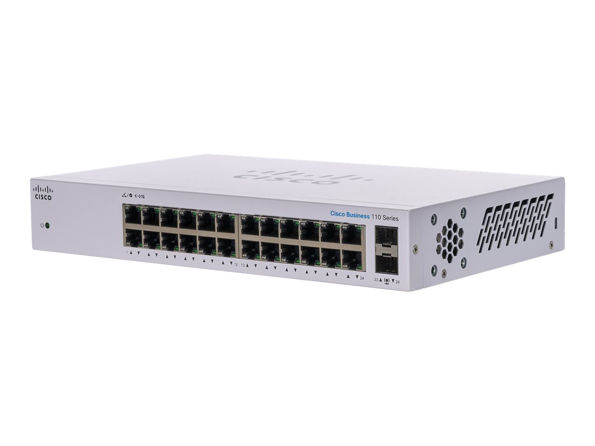 Cisco Business 110 Series 110-24T - Switch - unmanaged - 24 x 10/100/1000 + 2 x Kombi-Gigabit-SFP - Desktop, an Rack montierbar,