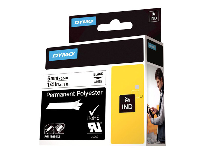 DYMO Rhino Permanent Polyester - Polyester - permanenter Klebstoff - Schwarz auf Weiss - Rolle (0,6 cm x 5,5 m) 1 Kassette(n) Ba