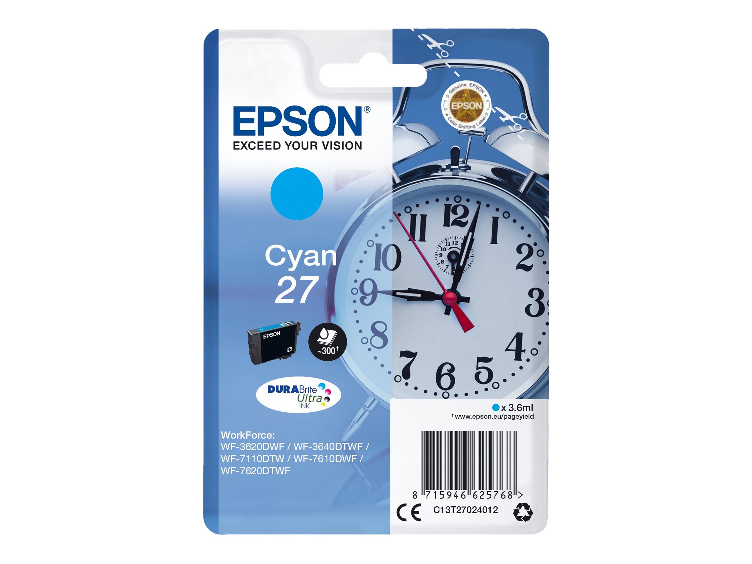 Epson 27 - 3.6 ml - Cyan - Original - Tintenpatrone - fr WorkForce WF-3620, WF-3640, WF-7110, WF-7210, WF-7610, WF-7620, WF-771
