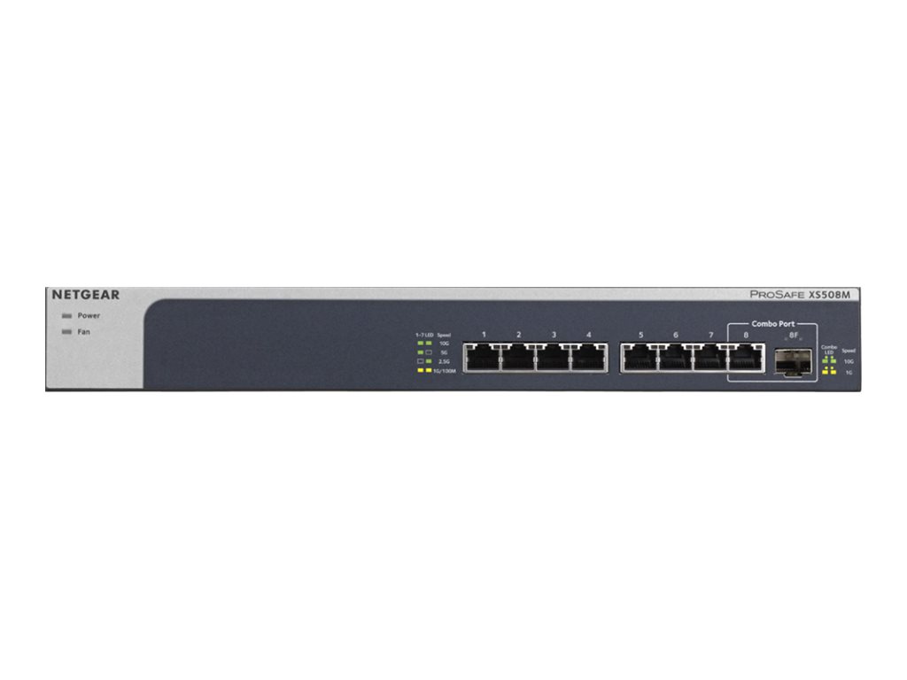 NETGEAR XS508M - Switch - unmanaged - 7 x 10 Gigabit Ethernet + 1 x 10 Gigabit Ethernet / 10 Gigabit Ethernet SFP+ - Desktop, an