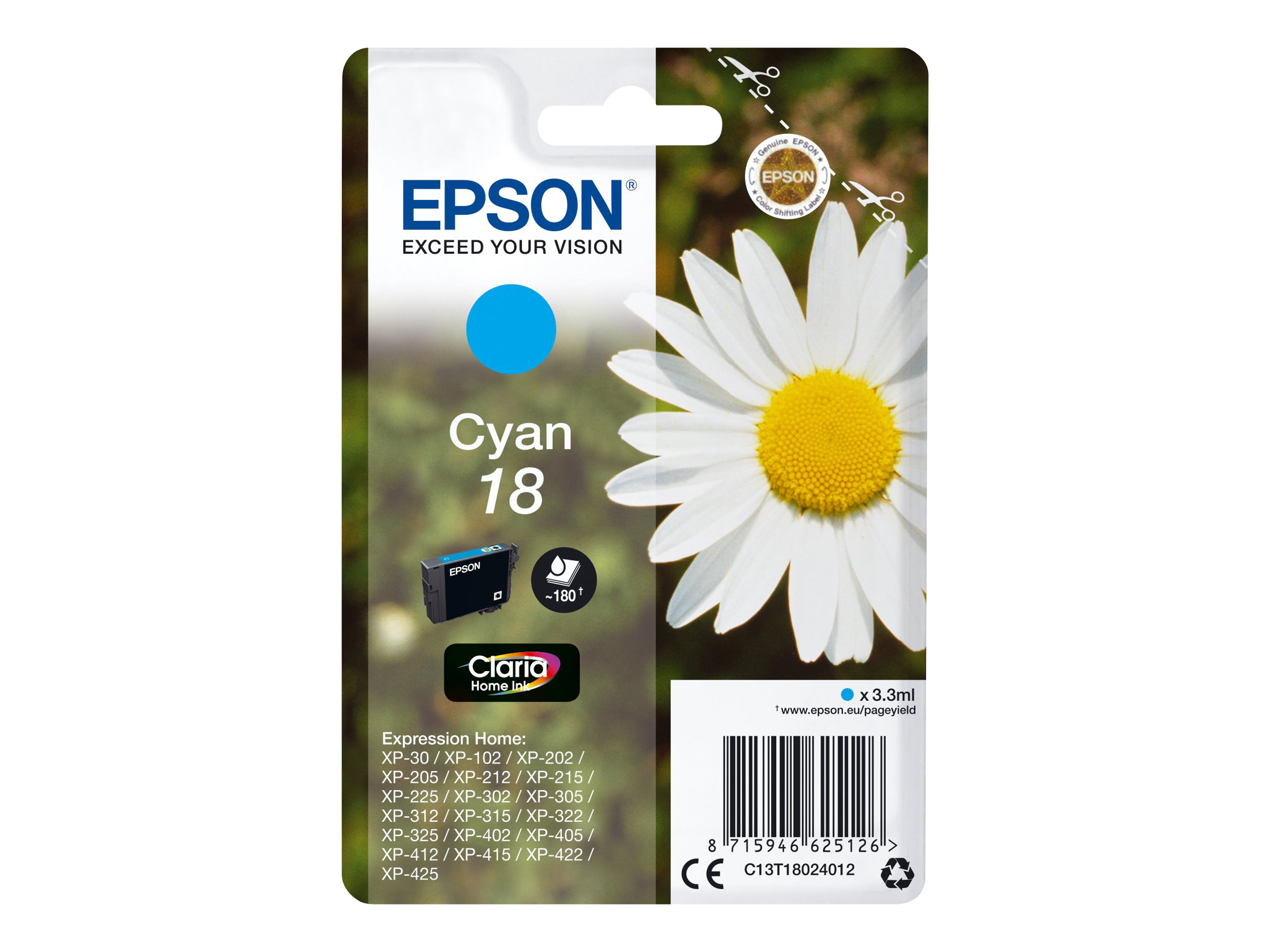 Epson 18 - 3.3 ml - Cyan - Original - Tintenpatrone - fr Expression Home XP-212, 215, 225, 312, 315, 322, 325, 412, 415, 422, 4