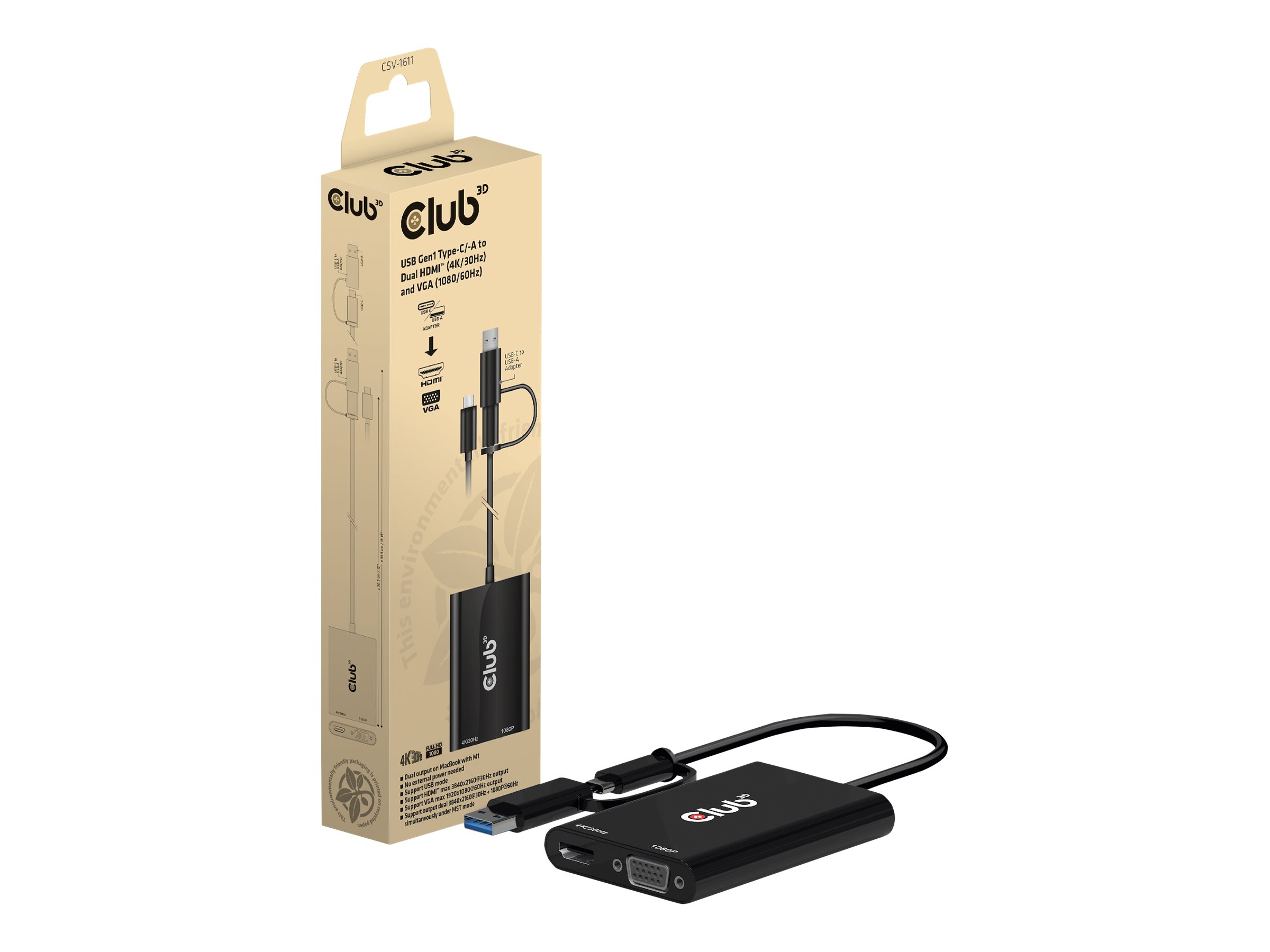 Club 3D - Videoadapter - USB Typ A, 24 pin USB-C (M) zu HD-15 (VGA), HDMI (W) - Zweibildschirmbetrieb, 4K30Hz (3840 x 2160) Supp