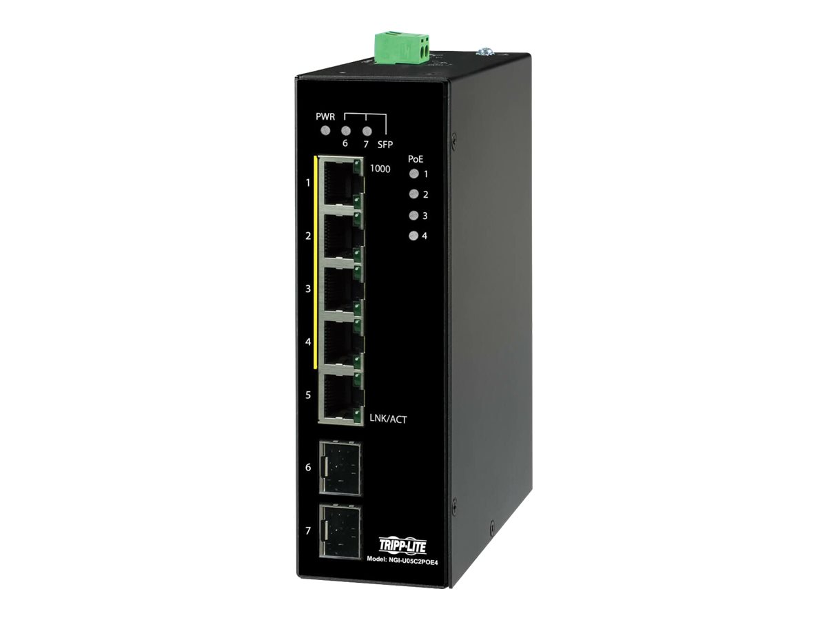 Tripp Lite Unmanaged Industrial Gigabit Ethernet Switch 5-Port - 10/100/1000 Mbps, PoE+ 30W, 2 GbE SFP Slots, DIN Mount - Switch