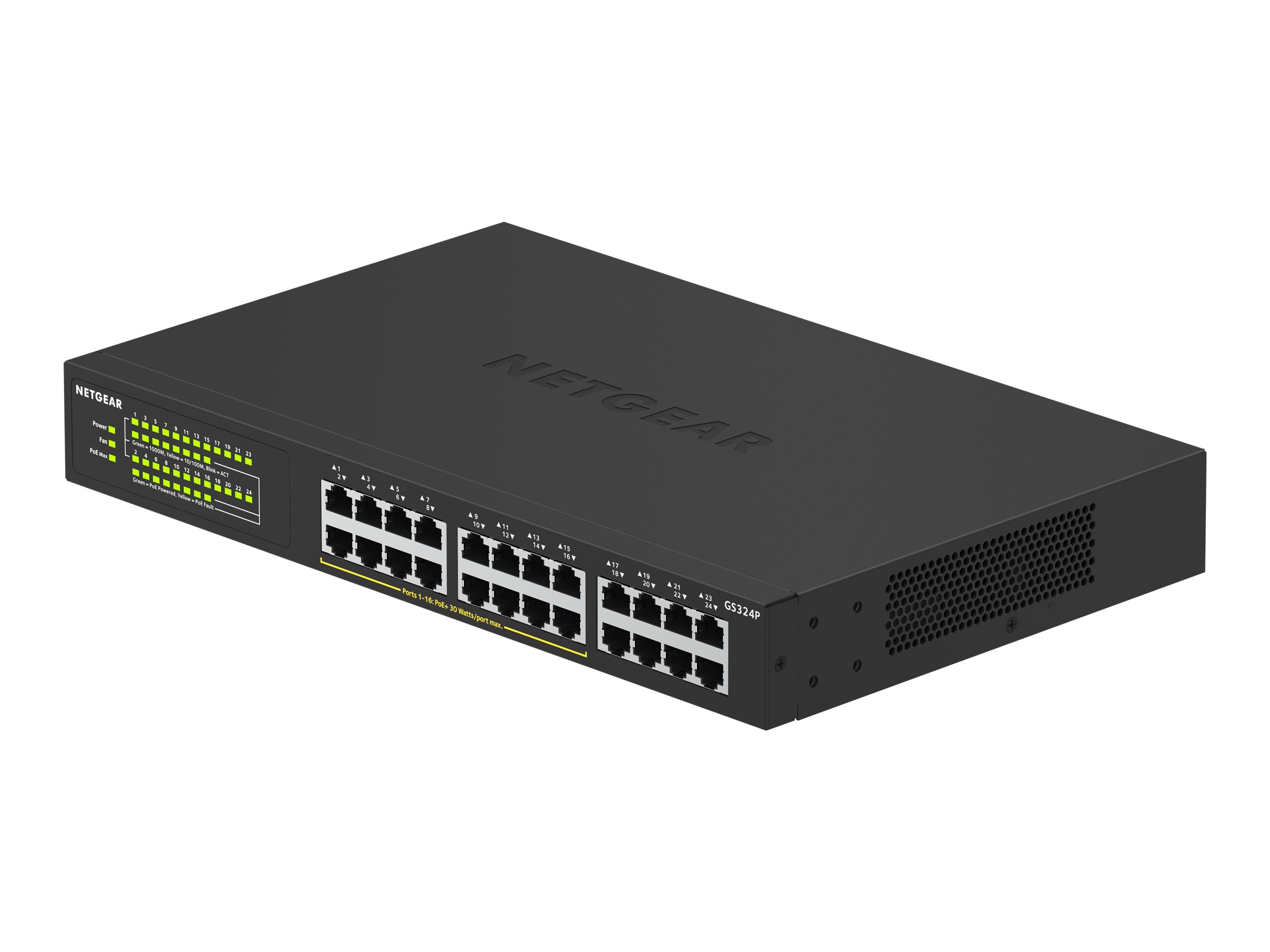 NETGEAR GS324P - Switch - unmanaged - 16 x 10/100/1000 (PoE+) + 8 x 10/100/1000 - an Rack montierbar, Desktop - PoE+ (190 W)