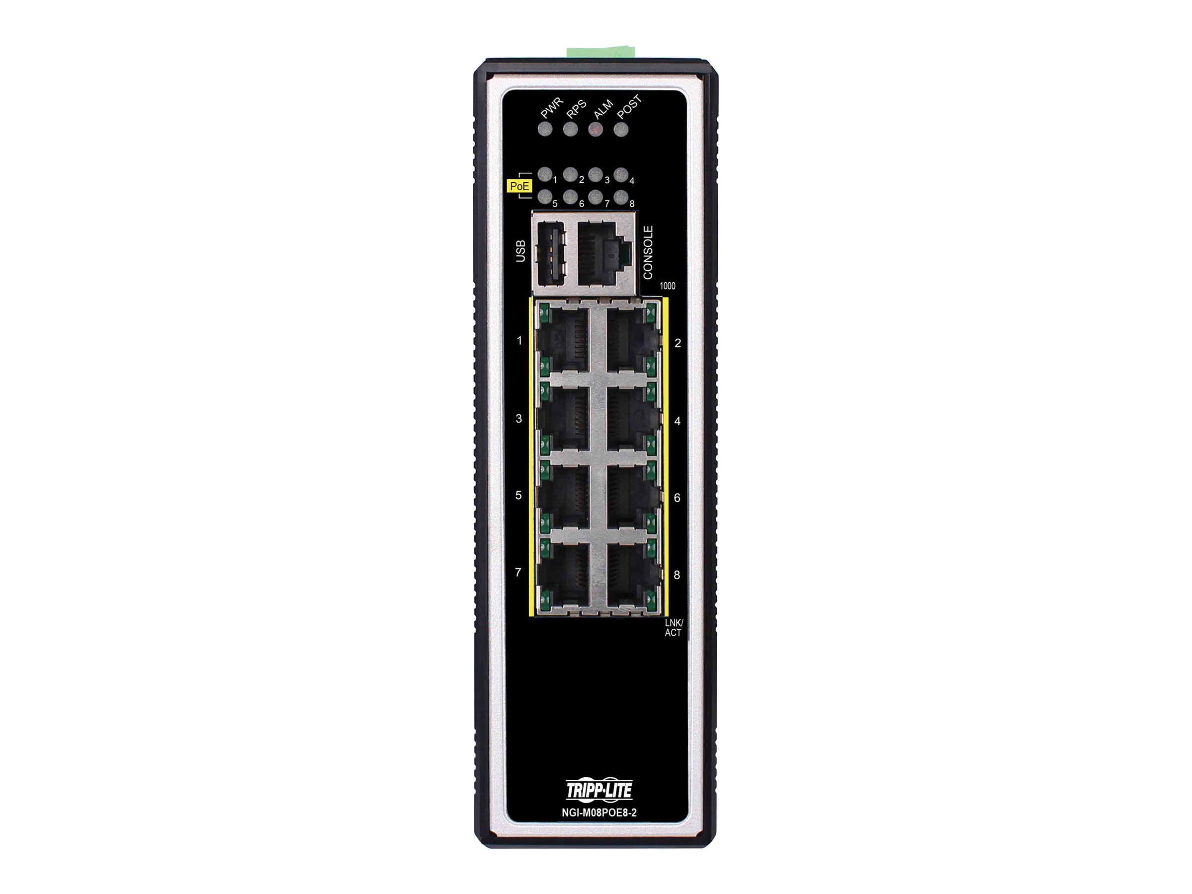 Tripp Lite 8-Port Managed Industrial Gigabit Ethernet Switch - Layer 2, 1 Gbps, PoE+ 30W, -40 to 75C, DIN Mount - Switch - man
