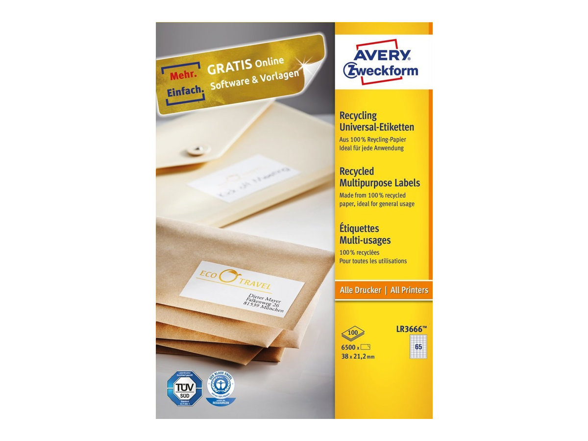 Avery QuickPEEL Recycled Labels LR3666 - 21.2 x 38 mm 6500 Etikett(en) (100 Bogen x 65) recycelte Etiketten