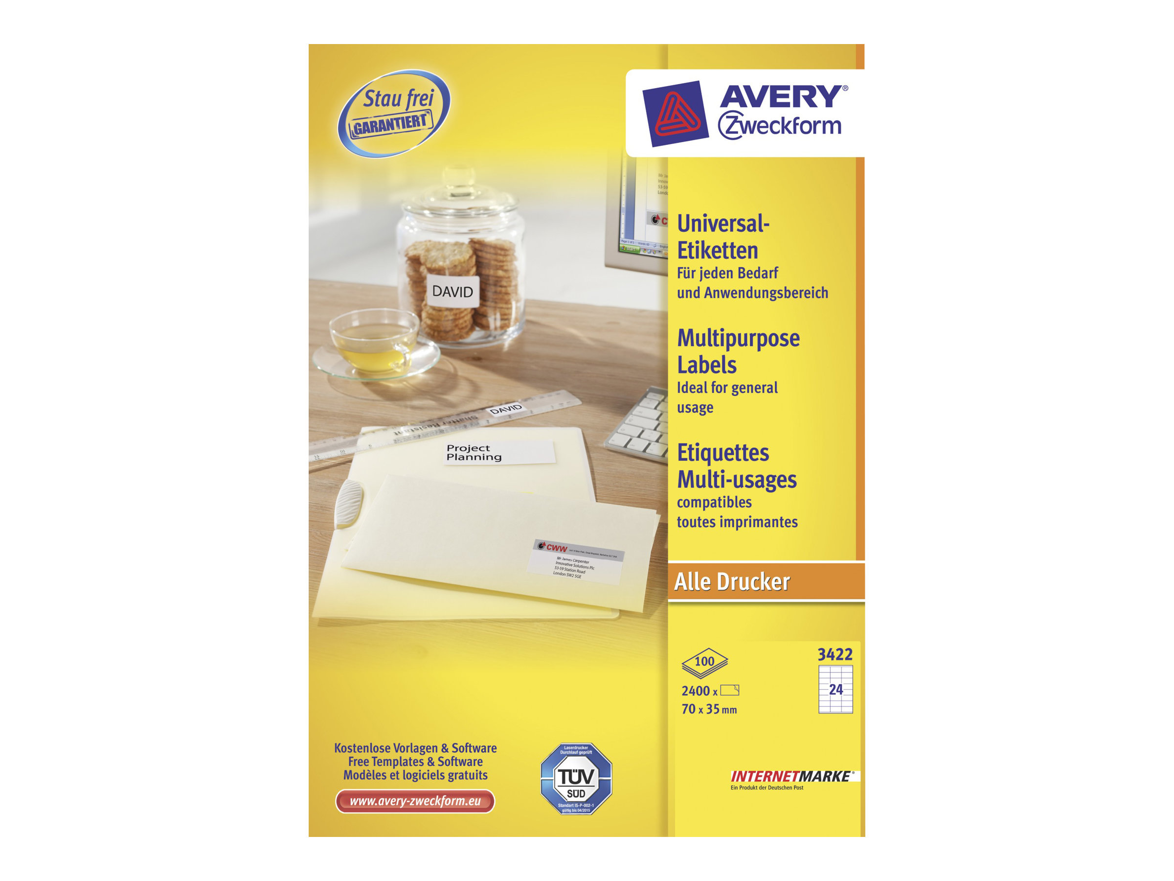 Avery - Weiss - 70 x 35 mm 2400 Etikett(en) (100 Bogen x 24) Mehrzwecketiketten