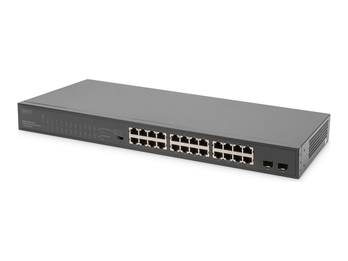 DIGITUS DN-95348-1 - Switch - unmanaged - 24 x 10/100/1000 (PoE+) + 2 x SFP (mini-GBIC) (Uplink) - an Rack montierbar - PoE+ (37