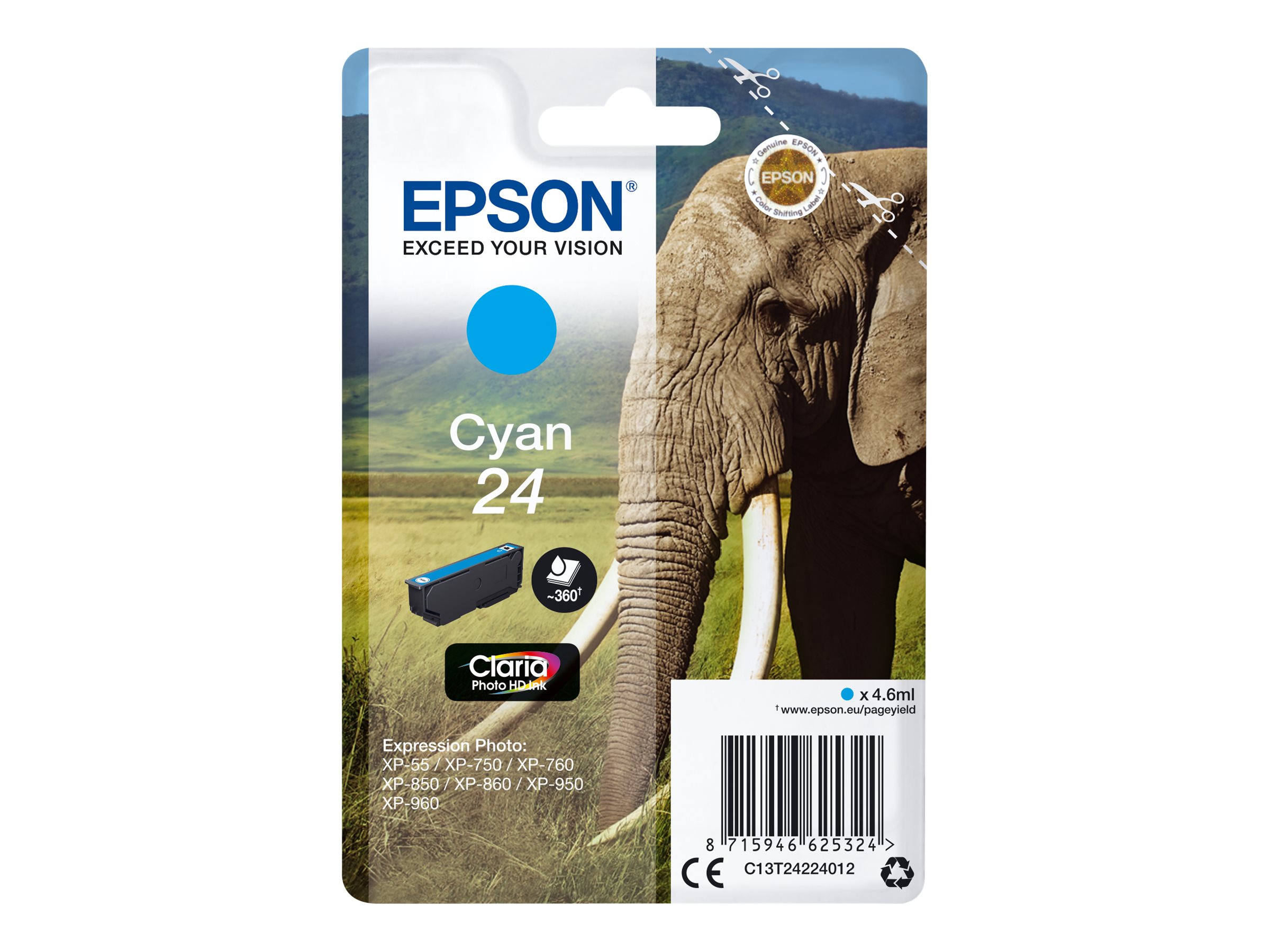 Epson 24 - 4.6 ml - Cyan - Original - Tintenpatrone - fr Expression Photo XP-55, 750, 760, 850, 860, 950, 960, 970; Expression 