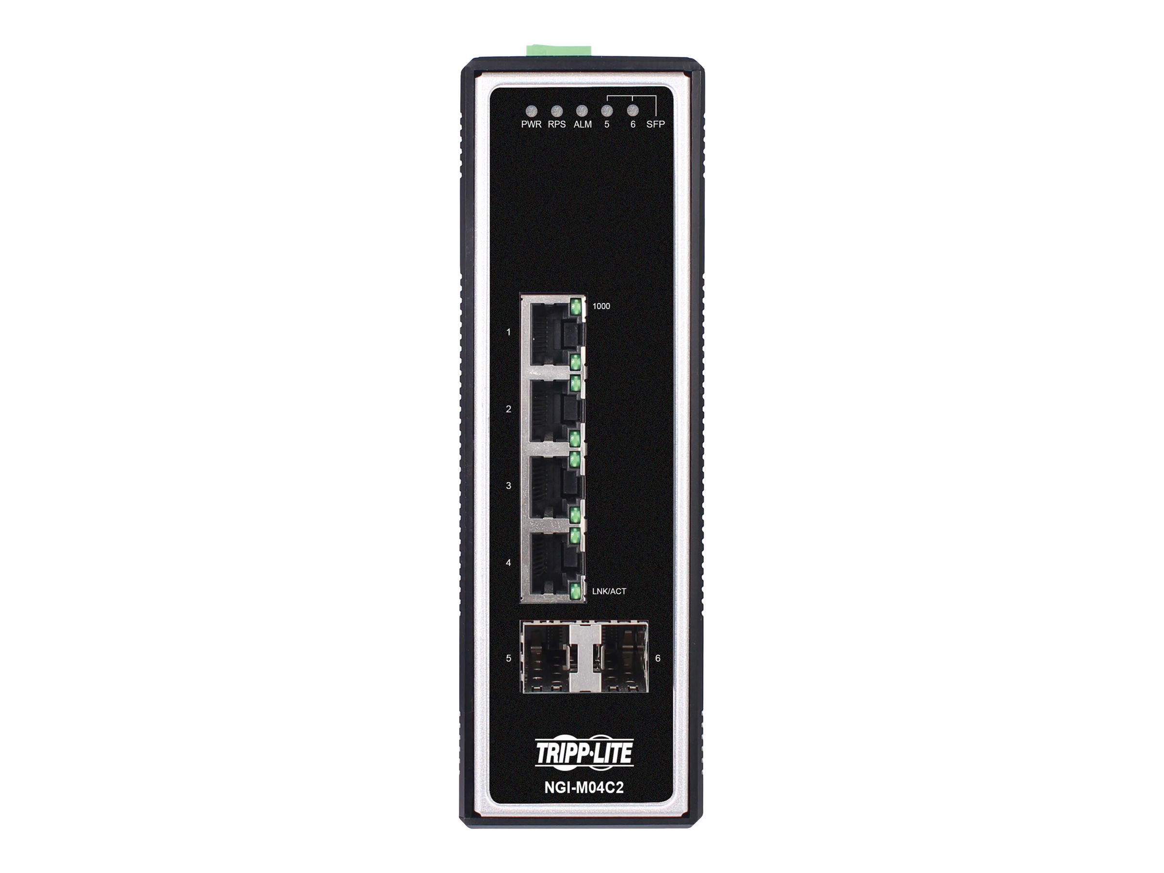 Tripp Lite 4-Port Managed Industrial Gigabit Ethernet Switch - 10/100/1000 Mbps, 2 GbE SFP Slots, -40 to 75C, DIN Mount - Swit