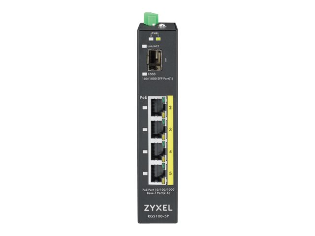 Zyxel RGS100-5P - Switch - unmanaged - 4 x 10/100/1000 (PoE+) + 1 x Fast Ethernet/Gigabit SFP - an Rack montierbar, an DIN-Schie