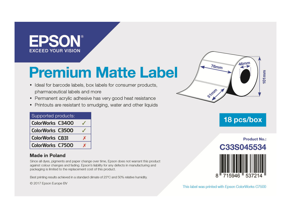 Epson Premium - Matt - 76 x 51 mm 650 Etikett(en) (1 Rolle(n) x 650) gestanzte Etiketten - fr Epson TM-C3400-LT; ColorWorks CW-
