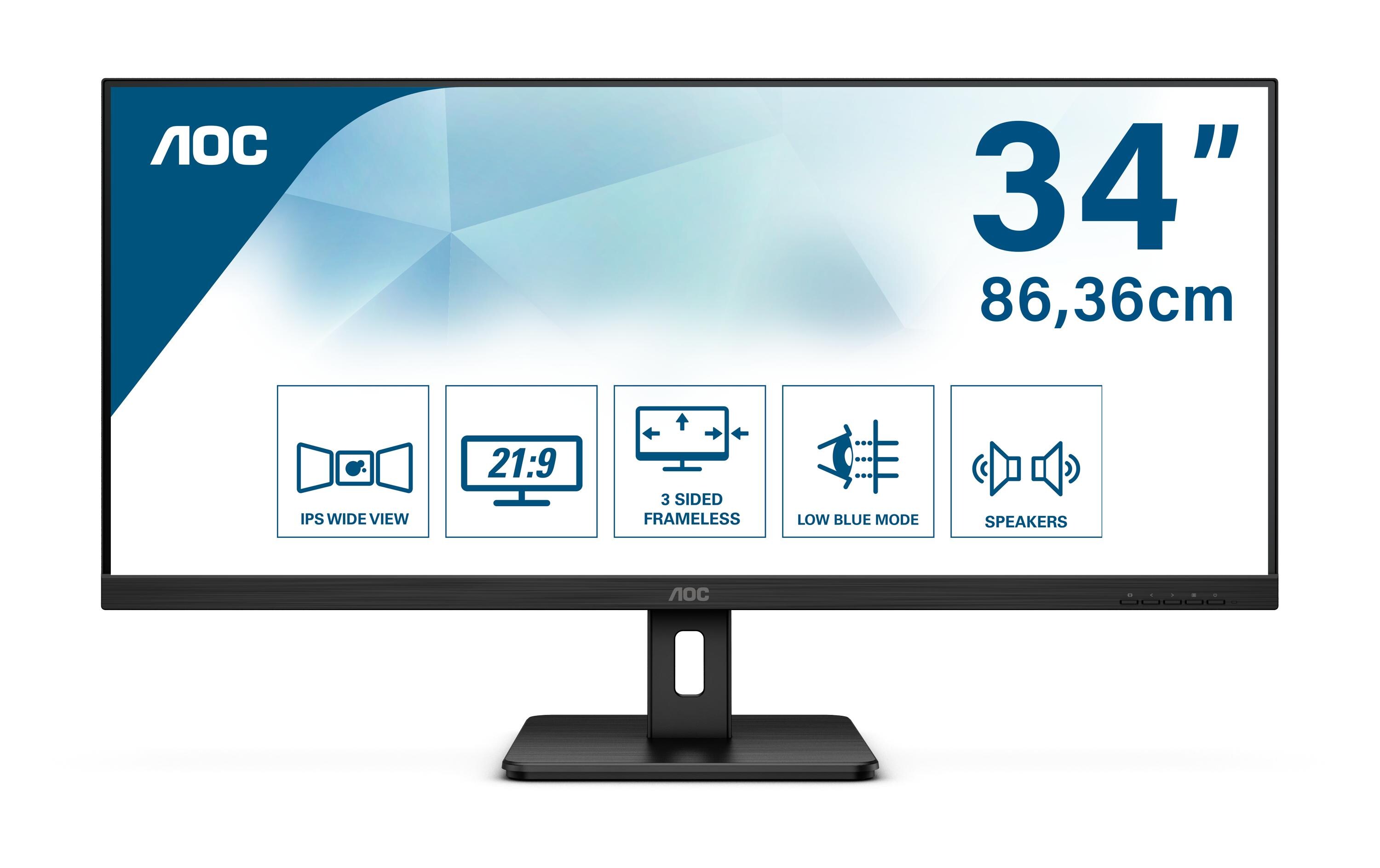 AOC Q34E2A 34'' IPS QHD Monitor, 2560 x 1080, 75Hz, DisplayPort, HDMI, 4ms, Speakers