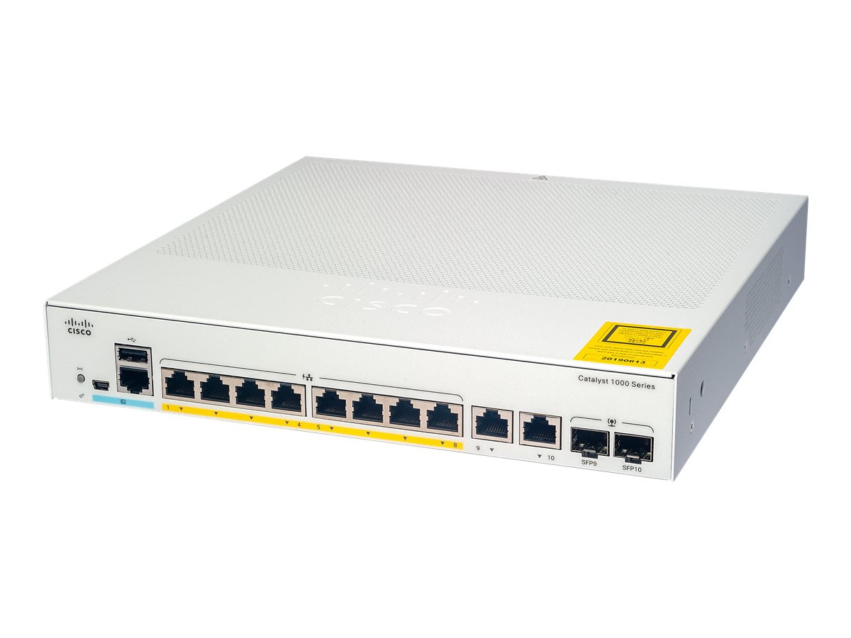 Cisco Catalyst 1000-8FP-2G-L - Switch - managed - 8 x 10/100/1000 (PoE+) + 2 x Combo Gigabit SFP (Uplink) - an Rack montierbar -