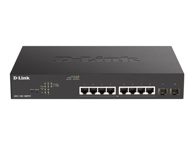 D-Link DGS 1100-10MPV2 - Switch - Smart - 8 x 10/100/1000 (PoE) + 2 x Gigabit SFP - Desktop, an Rack montierbar - PoE (130 W)