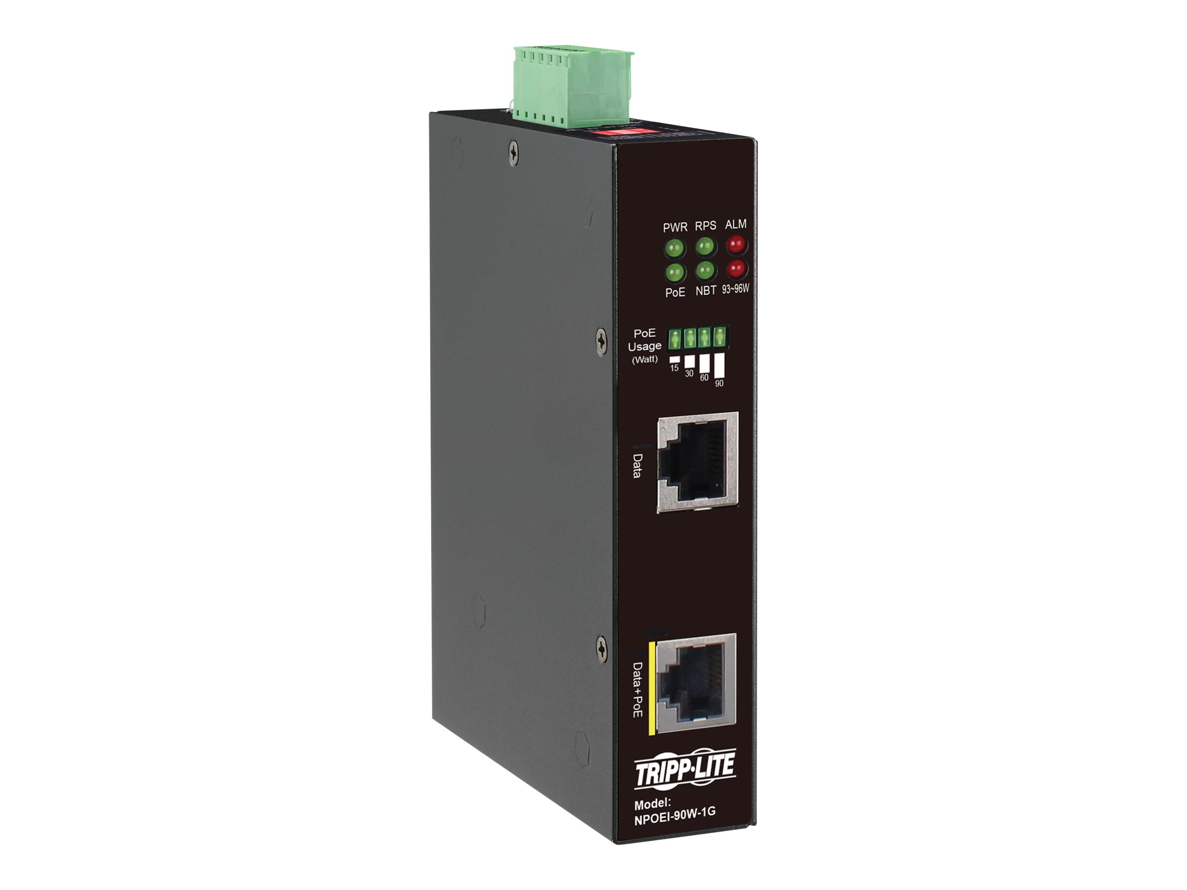 Tripp Lite Industrial Gigabit Ethernet PoE injector, 90W PoE++, 802.3bt, Midspan, -40C to +75C, IP30 housing, Dual 24~57VDC , DI