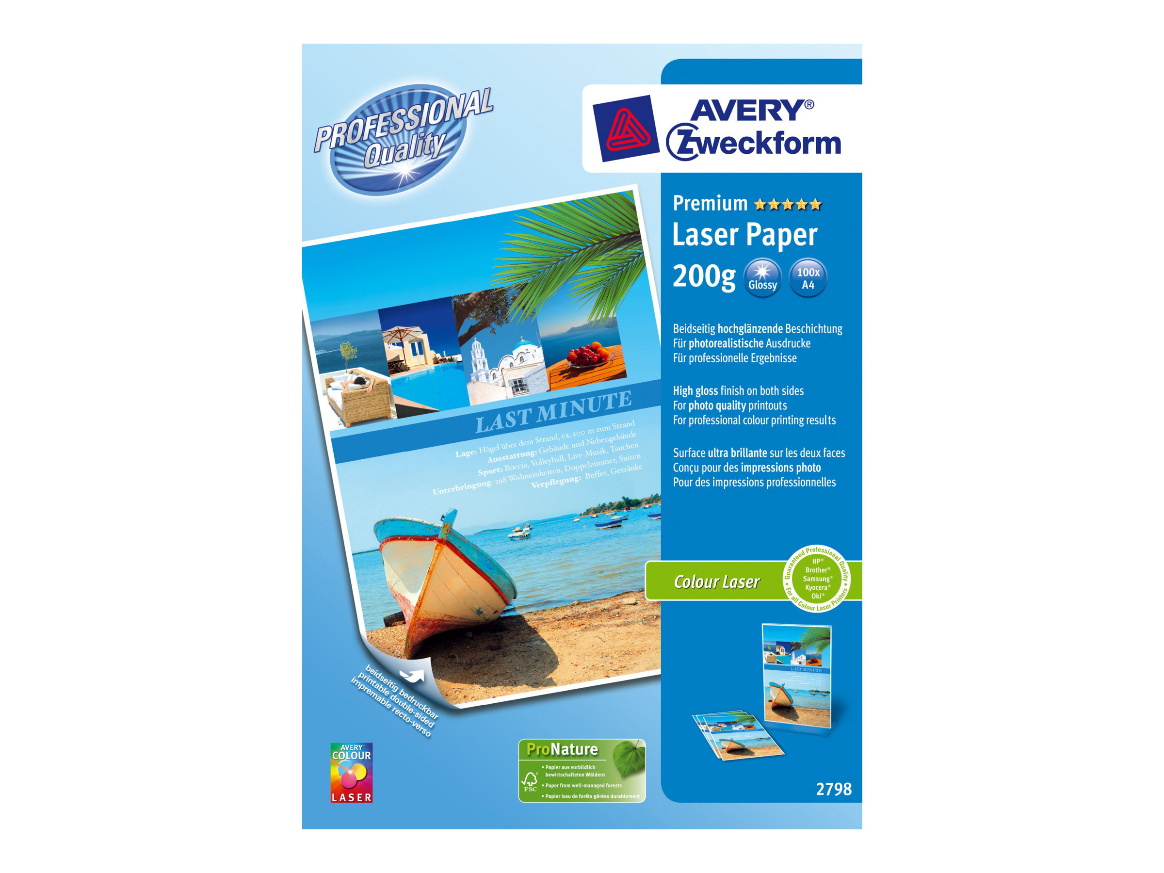 Avery Zweckform Premium Colour Laser Paper 2798 - Glnzend - weiss - A4 (210 x 297 mm) - 200 g/m - 100 Blatt Papier