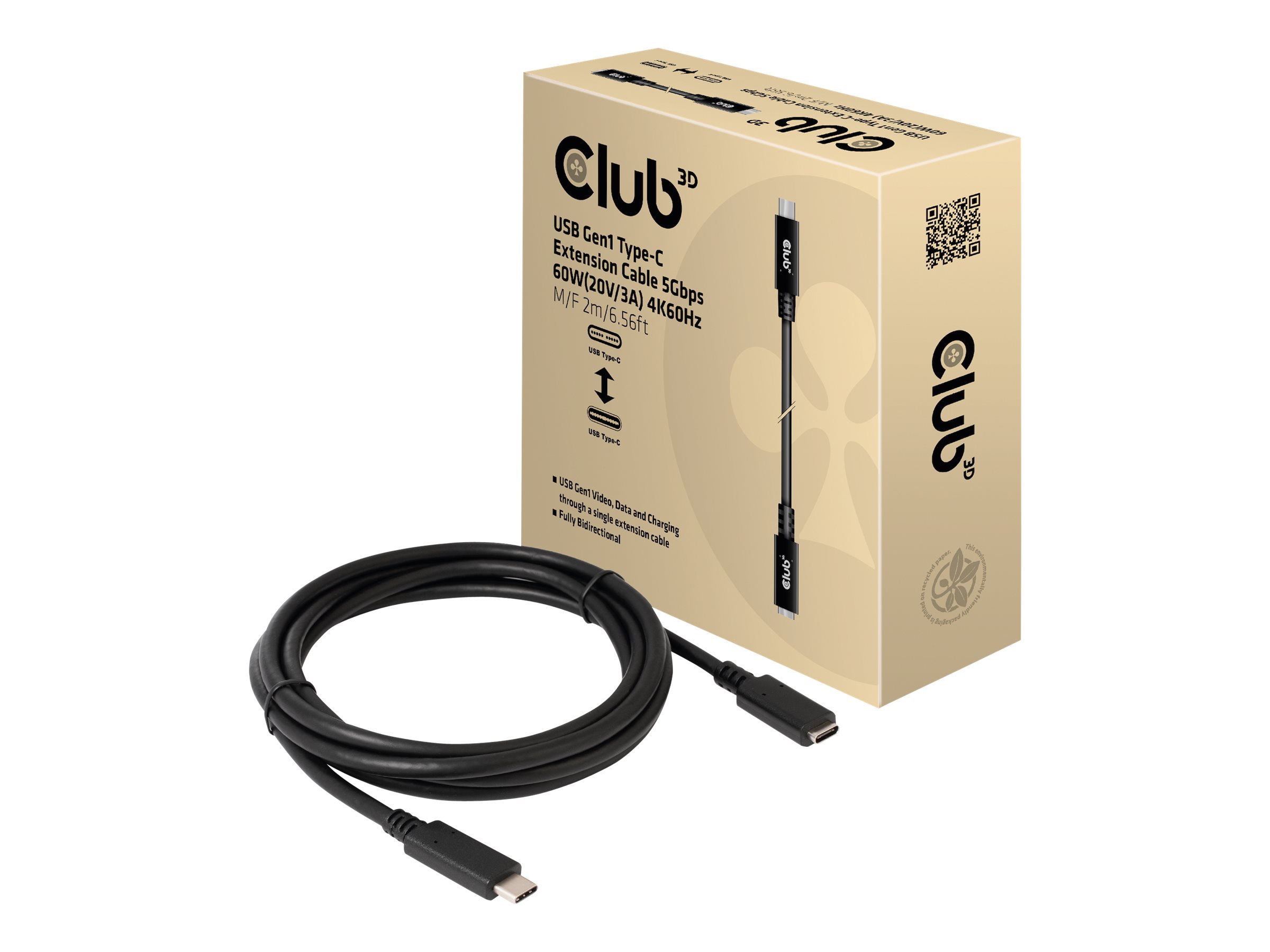 Club 3D CAC-1529 - USB-Verlngerungskabel - USB-C (M) zu USB-C (W) - 20 V - 3 A - 2 m