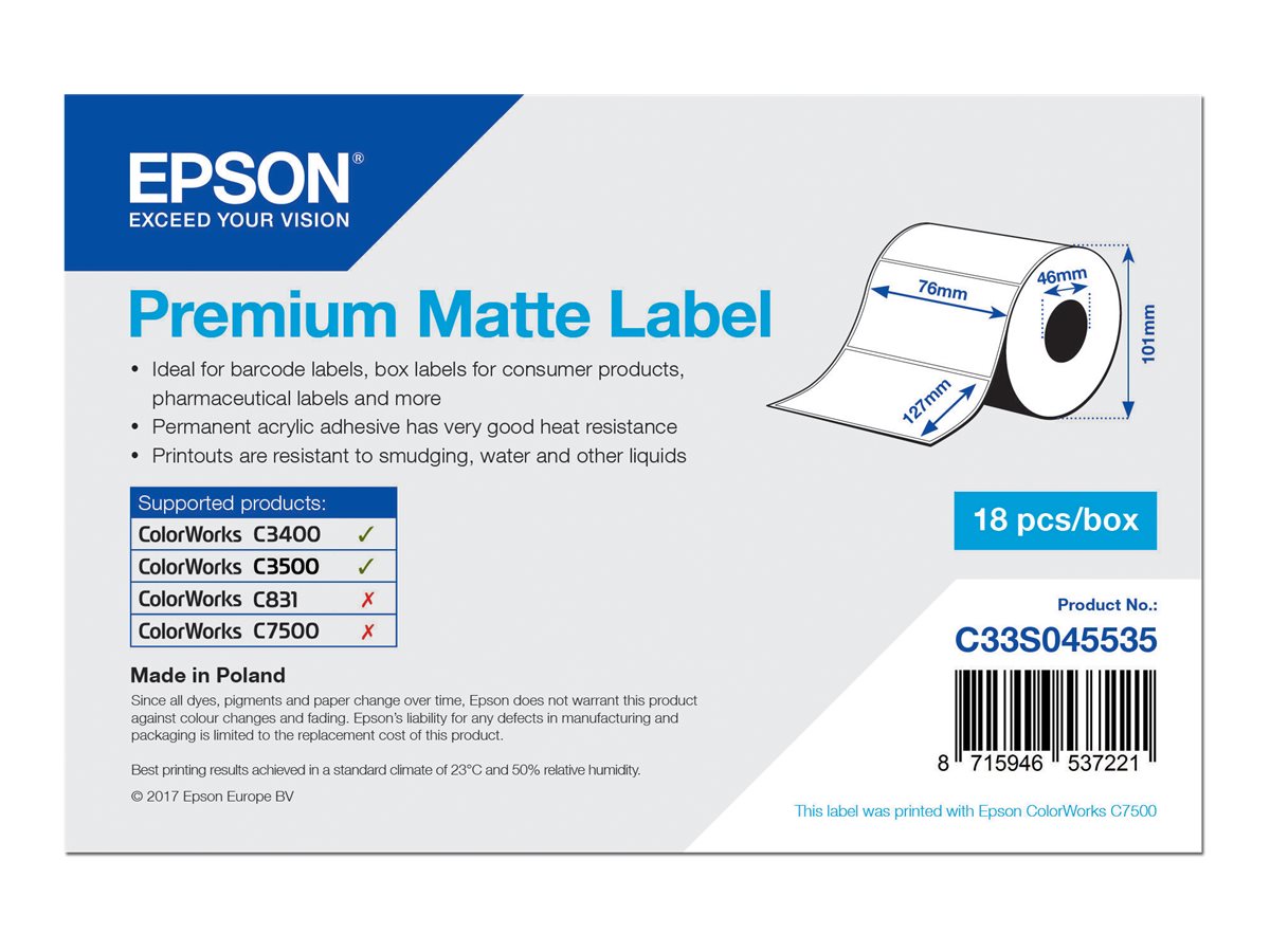 Epson Premium - Matt - 76 x 127 mm 265 Etikett(en) (1 Rolle(n) x 265) gestanzte Etiketten - fr Epson TM-C3400-LT; ColorWorks CW