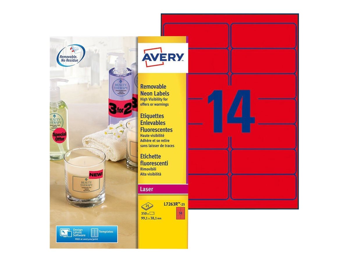 Avery L7263R - Neonrot - 38.1 x 99.1 mm 350 Etikett(en) (25 Bogen x 14) Etiketten