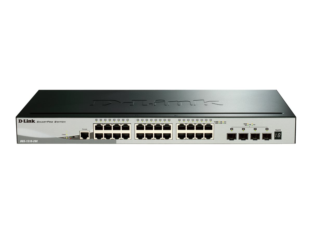D-Link DGS 1510-28X - Switch - L3 - Smart - 24 x 10/100/1000 + 4 x 10 Gigabit SFP+ - Desktop, an Rack montierbar