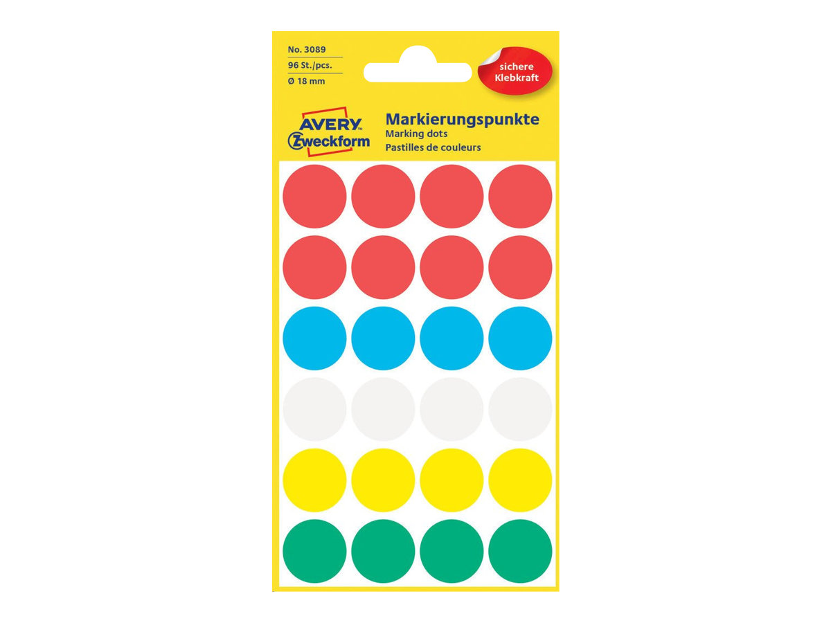 Avery assorted colors - Permanenter Klebstoff - 18 mm rund 96 Stck. (4 Bogen x 24) Etiketten