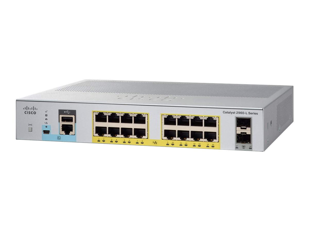 Cisco Catalyst 2960L-SM-16PS - Switch - Smart - 16 x 10/100/1000 + 2 x Gigabit SFP (Uplink) - Plugin-Modul - PoE+ (120 W)