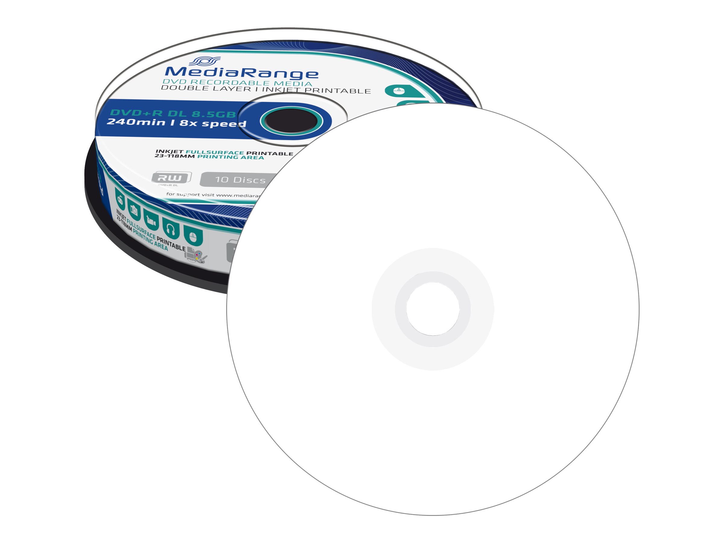 MediaRange - 10 x DVD+R DL - 8.5 GB (240 Min.) 8x - weiss - mit Tintenstrahldrucker bedruckbare Oberfläche - Spindel