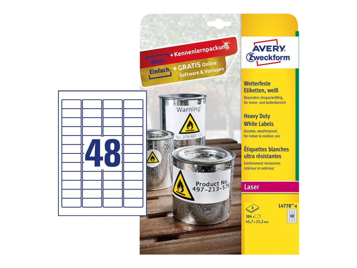 Avery Zweckform L4778-8 - Polyester - permanenter Klebstoff - weiss - 45.7 x 21.2 mm 384 Etikett(en) (8 Bogen x 48) Etiketten
