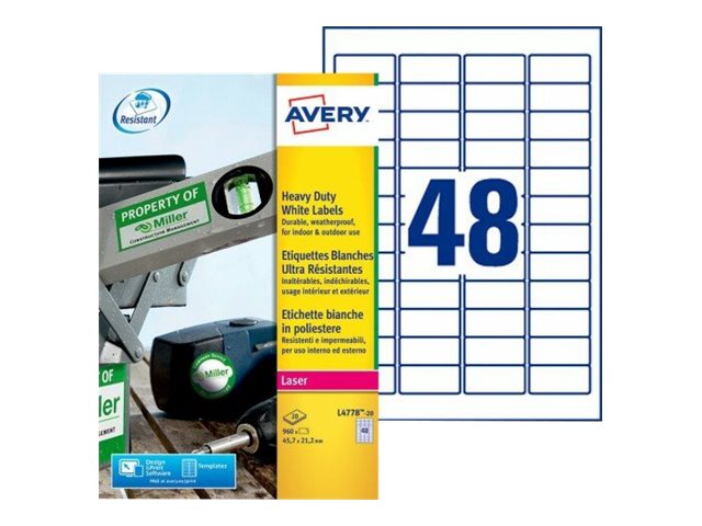 Avery Heavy Duty Laser Labels - Polyester - weiss - 45.7 x 21.2 mm 960 Etikett(en) (20 Bogen x 48) Etiketten