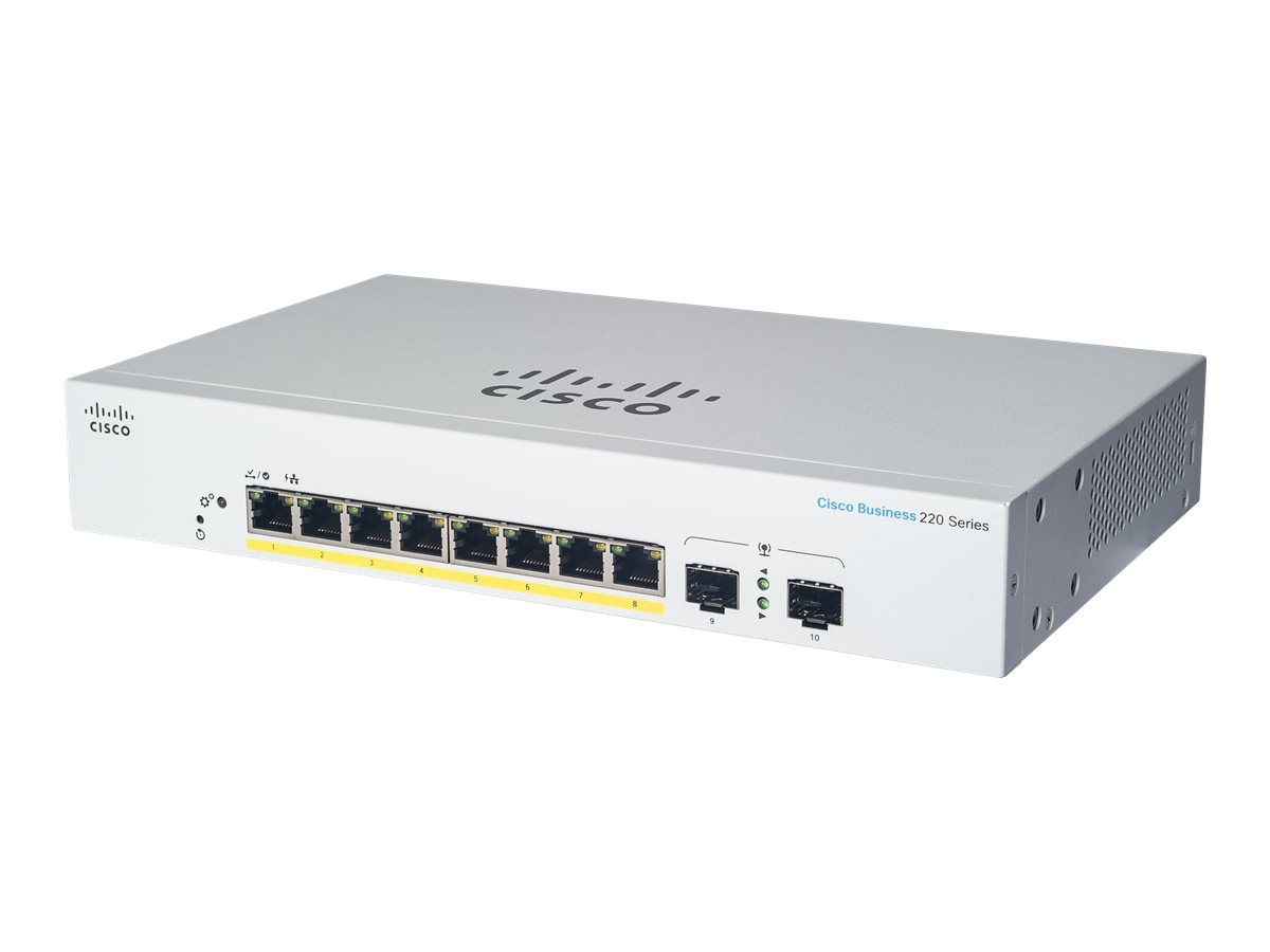Cisco Business 220 Series CBS220-8P-E-2G - Switch - Smart - 8 x 10/100/1000 (PoE+) + 2 x Gigabit SFP (Uplink) - an Rack montierb