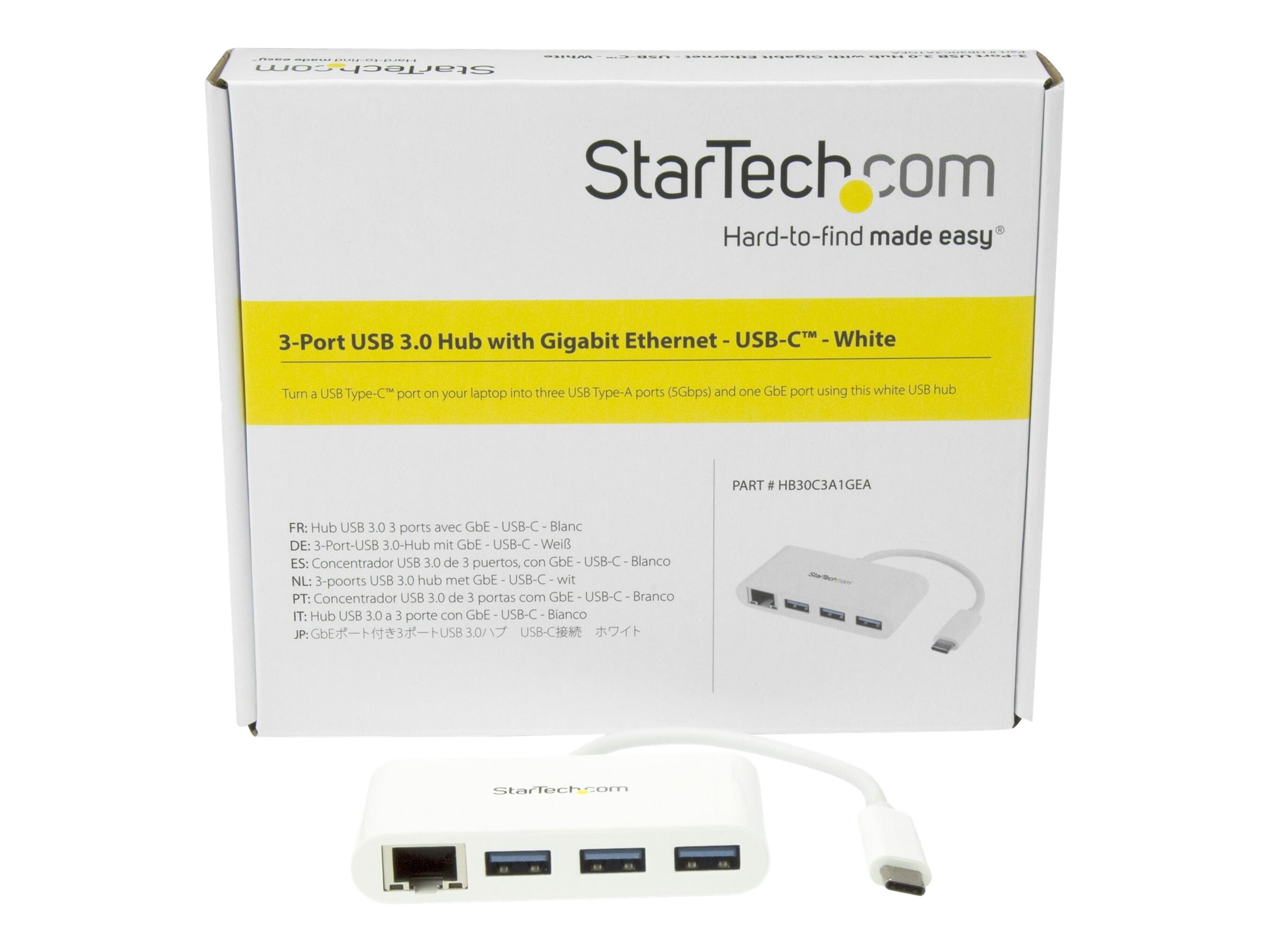 StarTech.com 3 Port USB 3.0 Hub plus Gigabit Ethernet - USB-C - Weiss - USB Hub with GbE - USB C Hub - USB Typ-C Hub