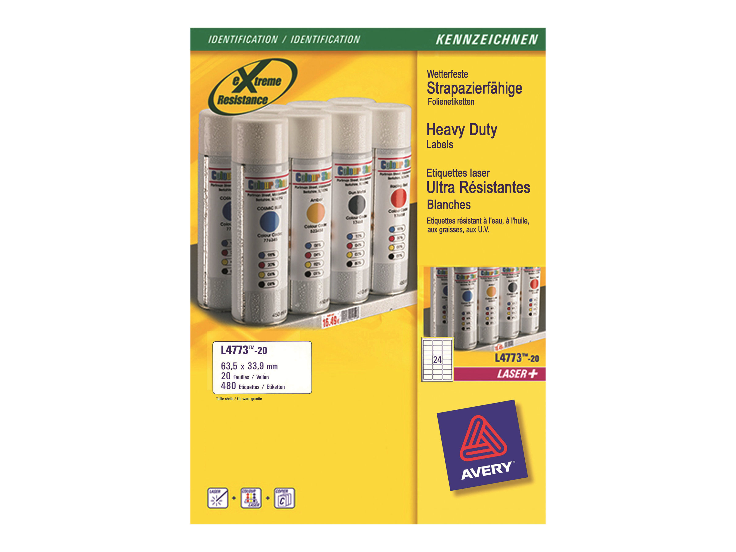 Avery Heavy Duty Laser Labels - Polyester - 63.5 x 33.9 mm 480 Etikett(en) (20 Bogen x 24) Etiketten
