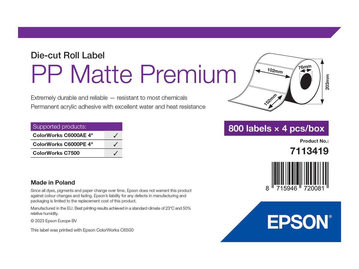 Epson Premium - Polypropylen (PP) - matt - permanenter Acrylklebstoff - 102 x 152 mm 3200 Etikett(en) (4 Rolle(n) x 800) gestanz