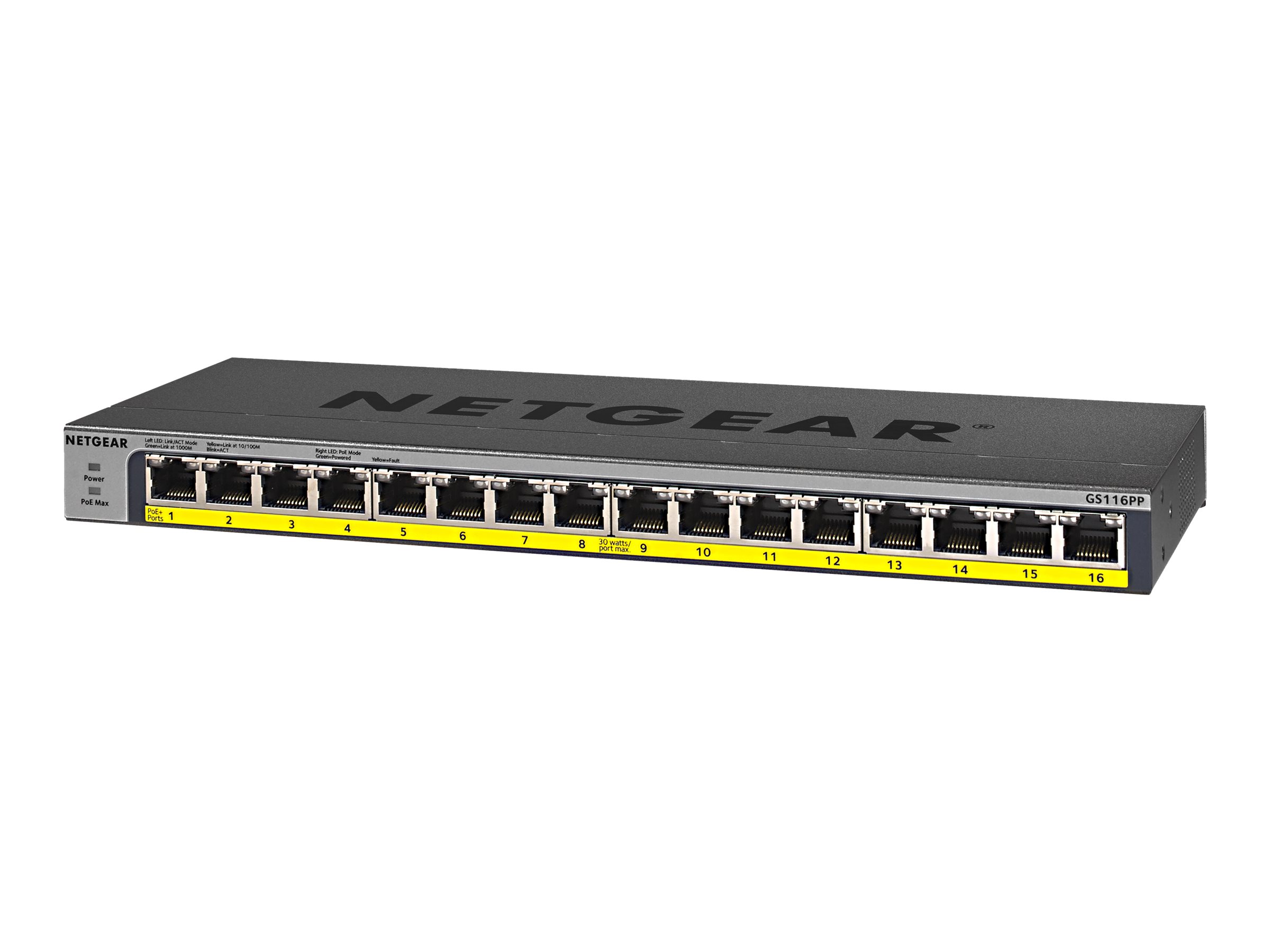 NETGEAR GS116LP - Switch - 16 x 10/100/1000 (PoE+) - Desktop, an Rack montierbar, wandmontierbar - PoE+ (76 W) - Gleichstrom