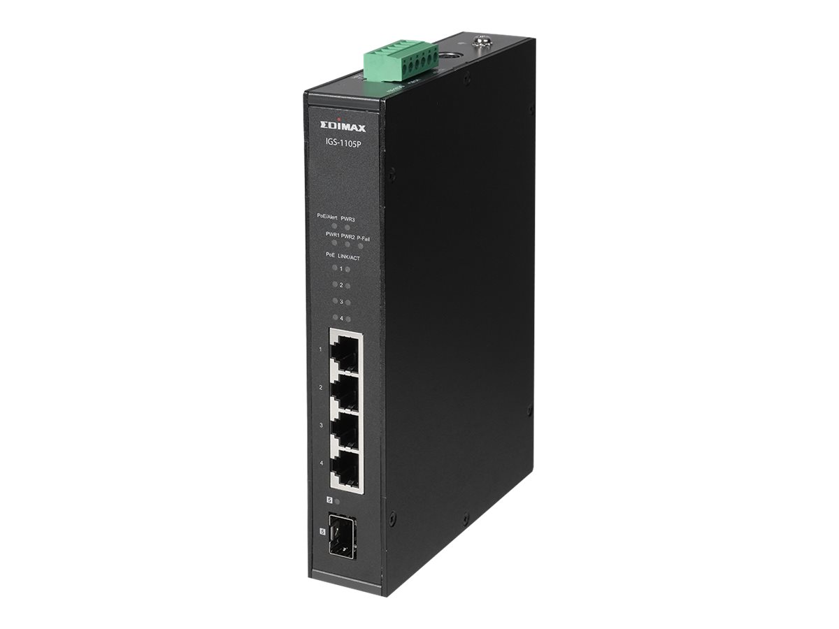 Edimax IGS-1105P - Switch - 4 x 10/100/1000 (PoE+) + 1 x Gigabit SFP - an DIN-Schiene montierbar, wandmontierbar - PoE+ (120 W)