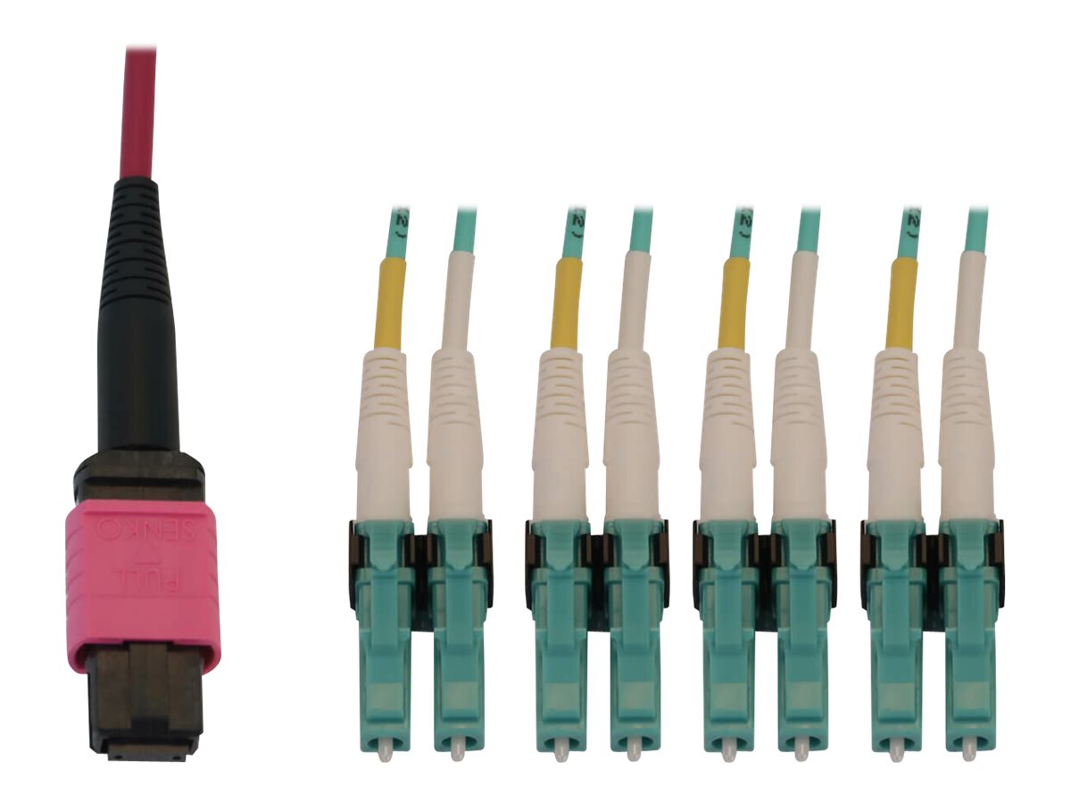 Eaton Tripp Lite Series 40/100G Multimode 50/125 OM4 Fiber Optic Cable (12F MTP/MPO-PC to 4x Duplex LC/PC F/M), LSZH, Magenta, 5