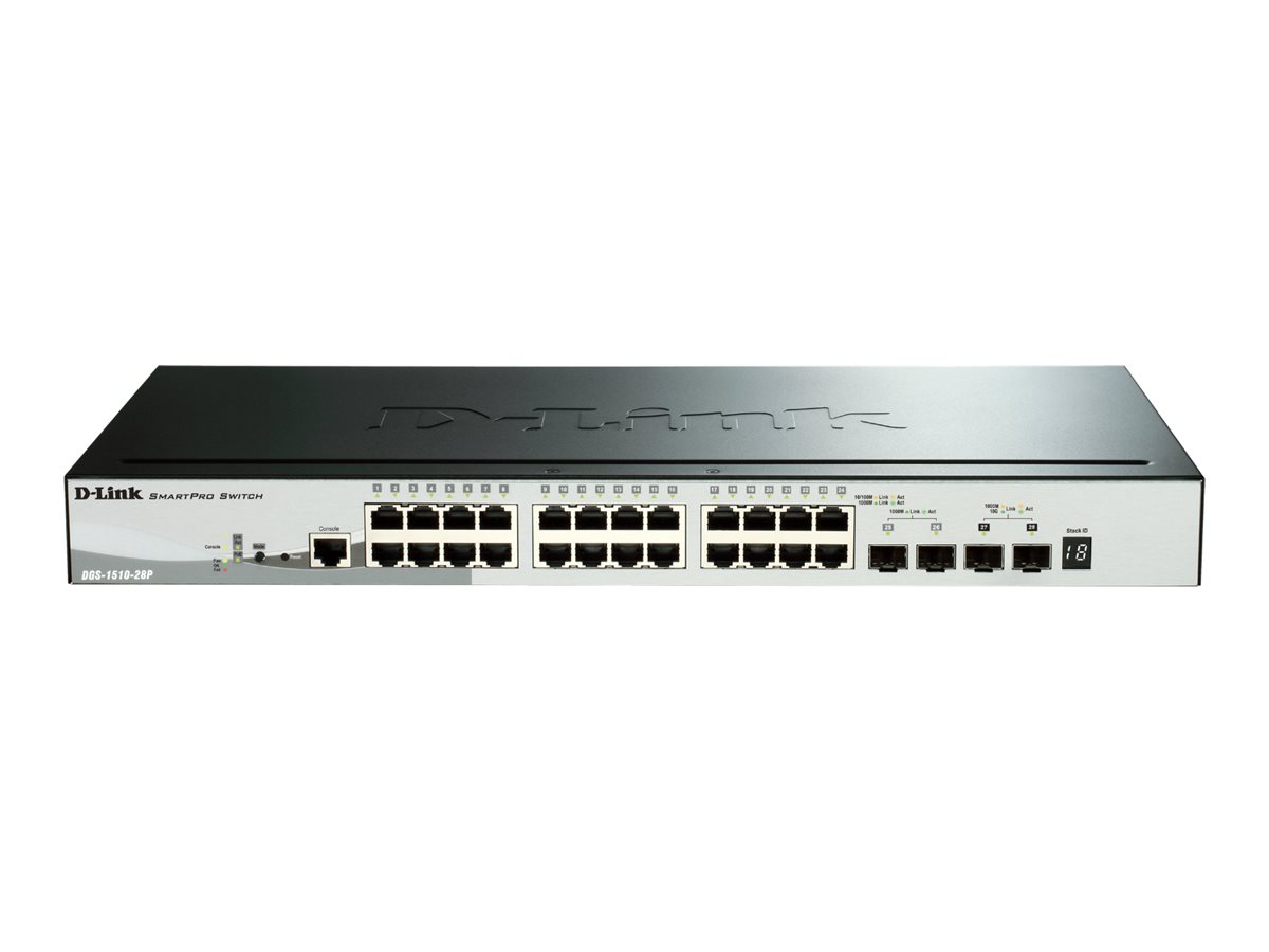 D-Link DGS 1510-28P - Switch - L3 - Smart - 24 x 10/100/1000 (PoE+) + 2 x Gigabit SFP + 2 x 10 Gigabit SFP+ - Desktop, an Rack m