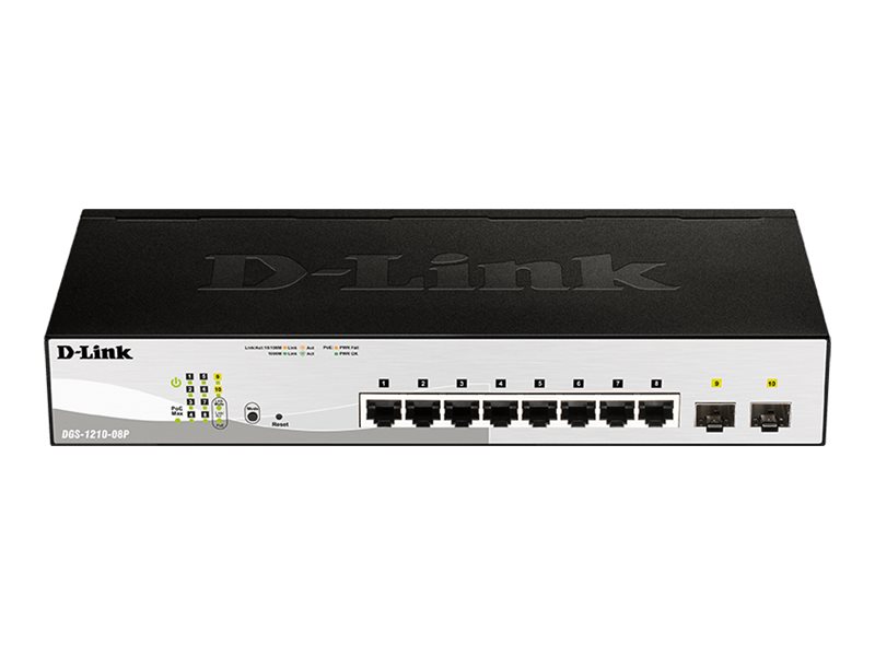 D-Link Web Smart DGS-1210-08P - Switch - managed - 8 x 10/100/1000 (PoE) + 2 x Gigabit SFP - Desktop, an Rack montierbar - PoE (