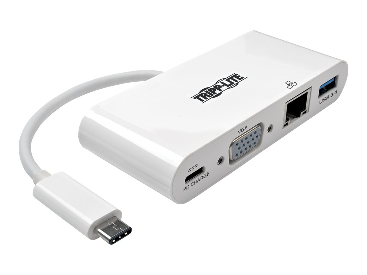 Tripp Lite USB C to VGA Multiport Video Adapter Converter w/ USB-A Hub, USB-C PD Charging Port & Gigabit Ethernet Port, Thunderb