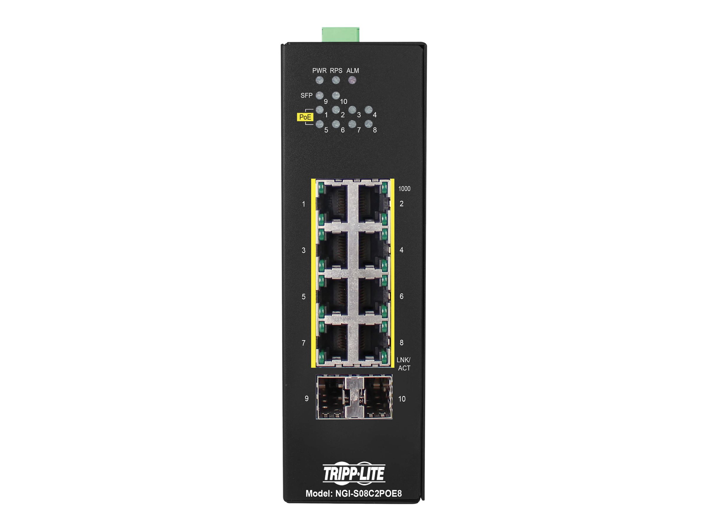 Tripp Lite 8-Port Lite Managed Industrial Gigabit Ethernet Switch - 10/100/1000 Mbps, PoE+ 30W, 2 GbE SFP Slots, -10 to 60C, D