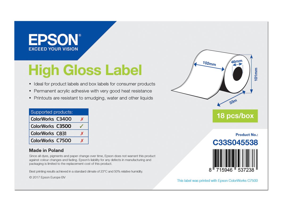 Epson - Hochglnzend - Rolle (10,2 cm x 33 m) 1 Rolle(n) Etiketten - fr ColorWorks CW-C4000E (BK), CW-C4000E (MK); TM C3500