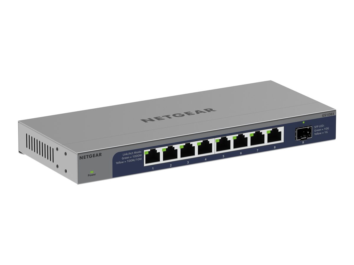 NETGEAR GS108X - Switch - unmanaged - 8 x 10/100/1000 + 1 x 10 Gb Ethernet SFP+ (Uplink) - Desktop, wandmontierbar