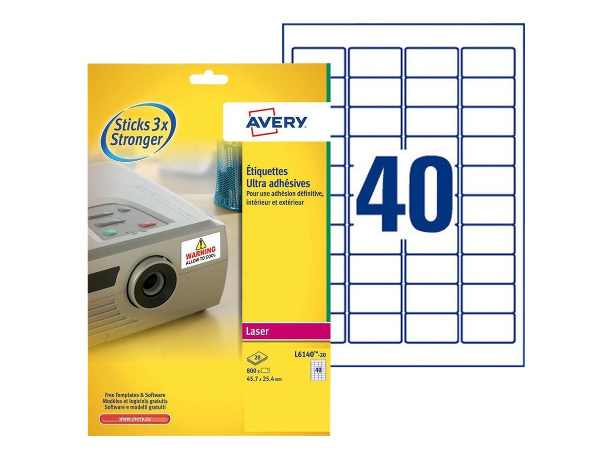 Avery TripleBond Labels L6140 - Permanenter Klebstoff - weiss - 25.4 x 45.7 mm 800 Etikett(en) (20 Bogen x 40) Etiketten