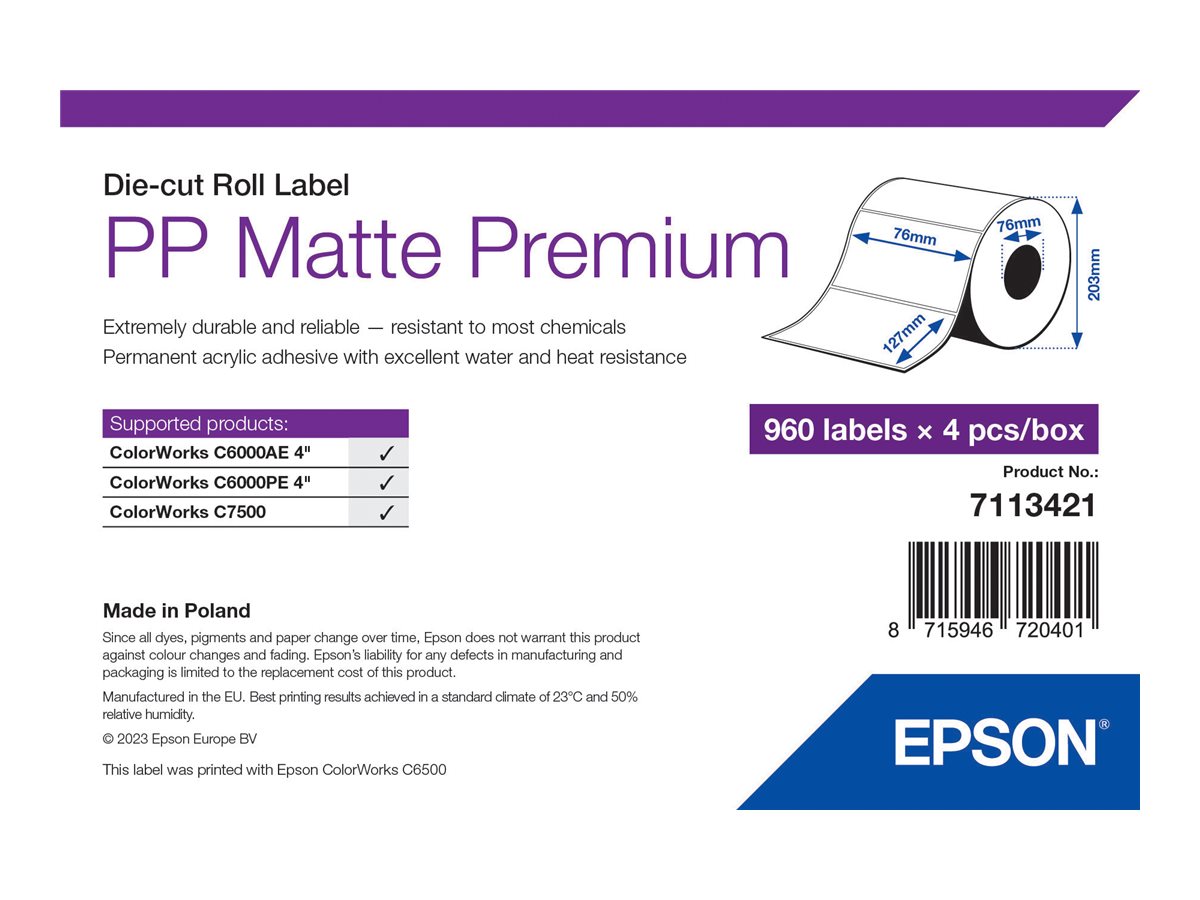 Epson Premium - Polypropylen (PP) - matt - permanenter Acrylklebstoff - 76 x 127 mm 3840 Etikett(en) (4 Rolle(n) x 960) Box - ge