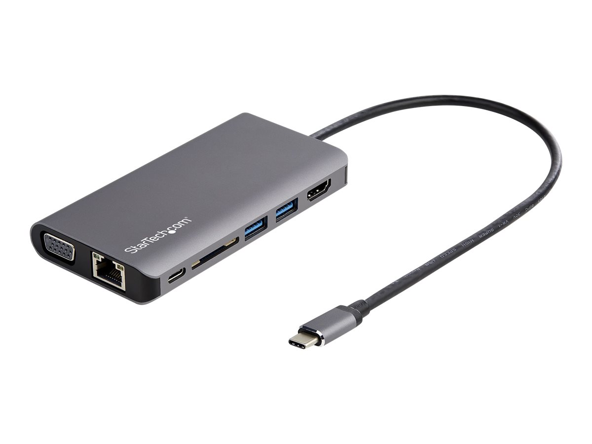 StarTech.com USB C Multiport Adapter, USB-C Mini Travel Dock with 4K HDMI or 1080p VGA, 3x USB 3.0 Hub, SD, GbE, Audio, 100W PD 
