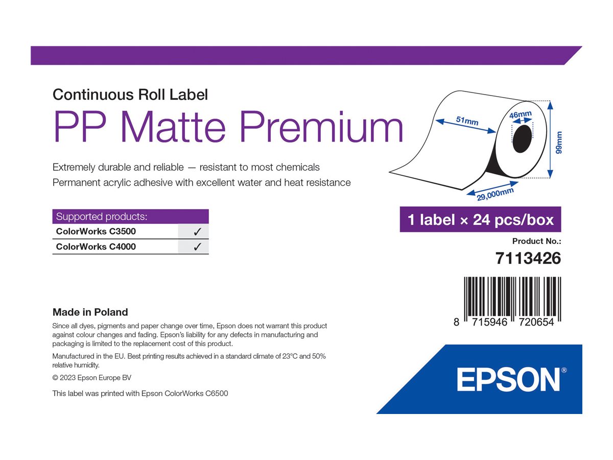 Epson Premium - Polypropylen (PP) - matt - permanenter Acrylklebstoff - Rolle (5,1 cm x 29 m) 24 Rolle(n) Box - Endlosetiketten